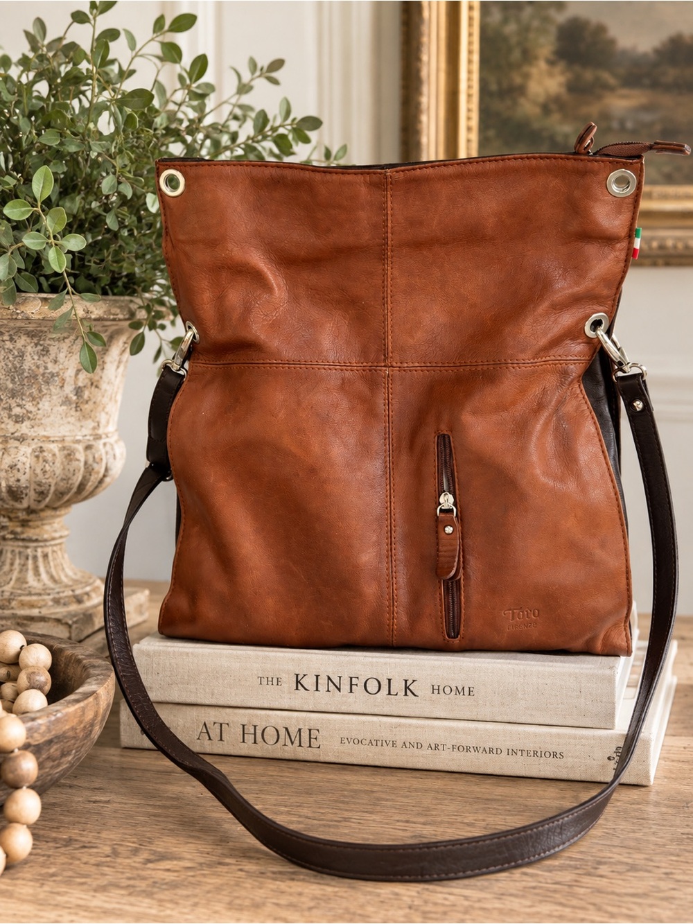 Toro Firenze Brown Leather Shoulder Bag with Dark Brown Strap Hobo